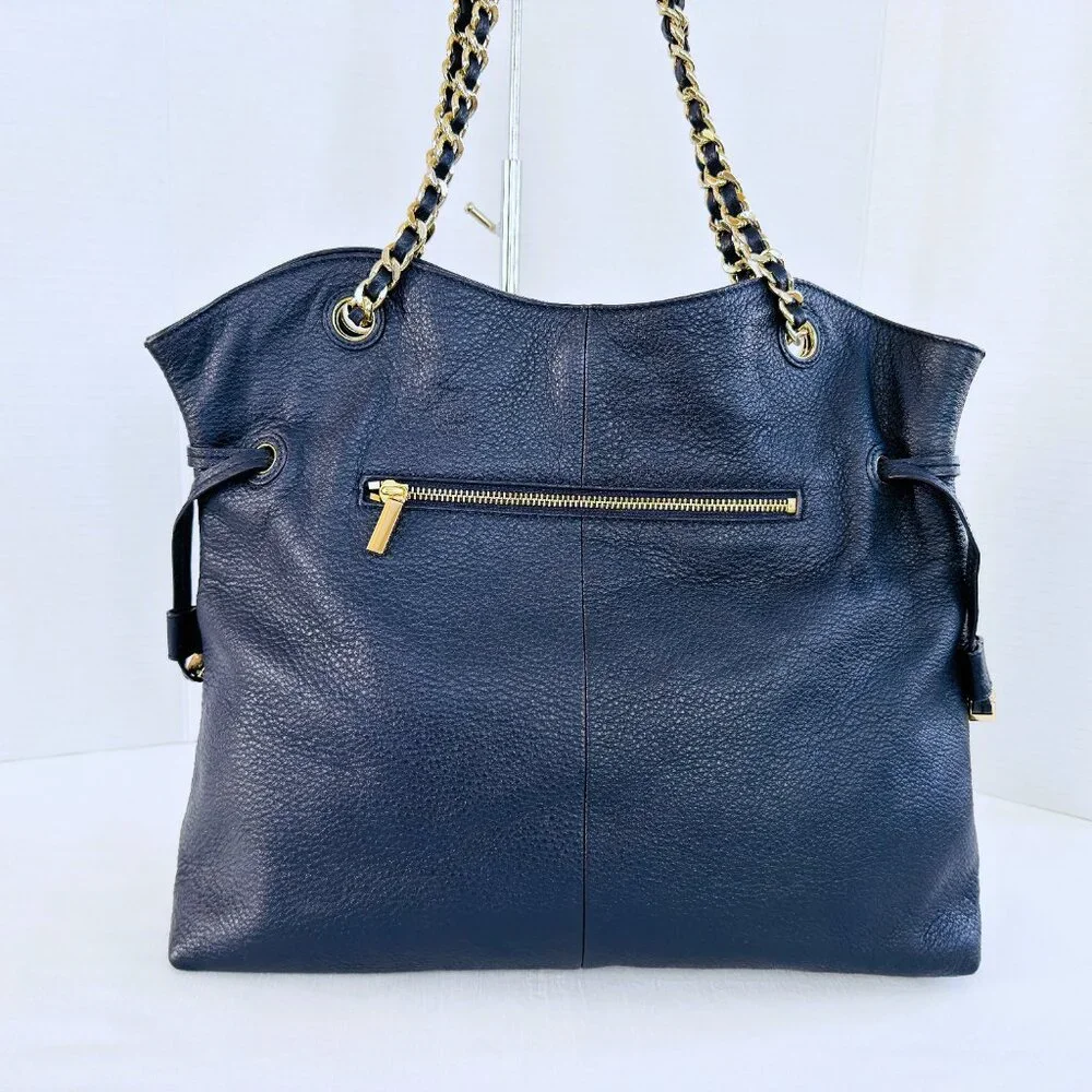 Tory Burch THEA Navy Blue Pebbled Leather‎ Gold Chain Shoulder Tote Bag